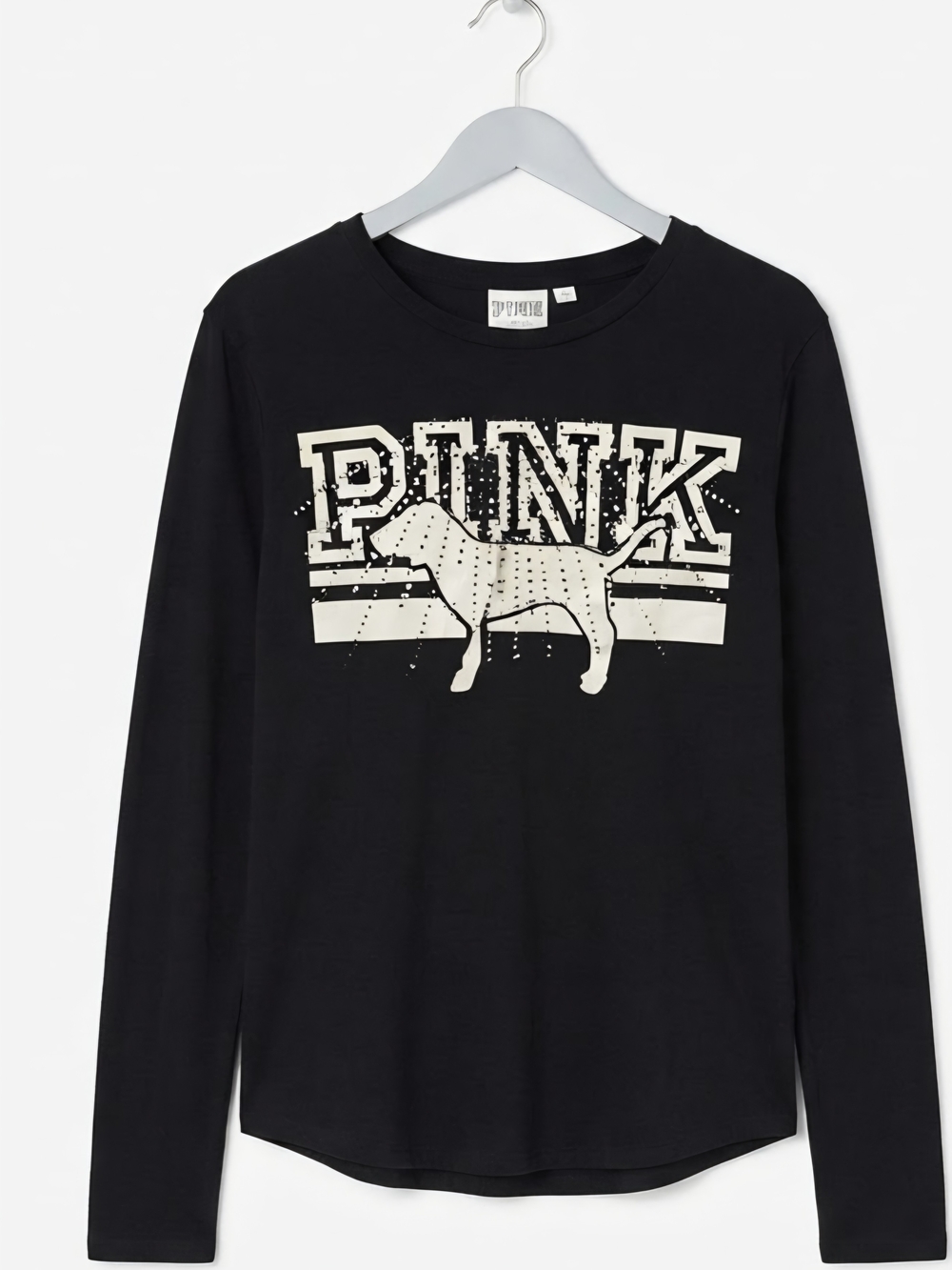 PINK Victoria's Secret Black Long-Sleeve Tee with Cream Logo & Dog Graphic